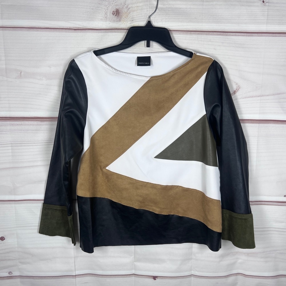 Simply Mila Top Women S Multicolor Faux Leather Suede Geometric Patchwork Blouse